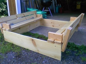 Before the stain, the sandbox takes shape. Ant found the plans on-line and it all came together rather easy.